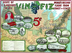 Armour Company poster showing Calbraith Perry Rodgers's Vin Fiz Flyer transcontinental flight route, 1911