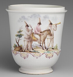 Capodimonte porcelain jar with three figures of Pulcinella from the commedia dell'arte, soft-paste, 1745–50.