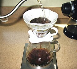 In coffee percolation, soluble compounds leave the coffee grounds and join the water to form coffee. Insoluble compounds (and granulates) remain within the coffee filter.