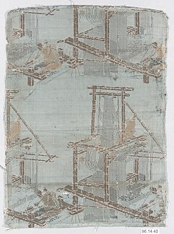 Drawloom, with drawboy above to control the harnesses, woven as a repeating pattern in an early-1800s piece of Japanese silk. The silk illustrates the means by which it was produced.