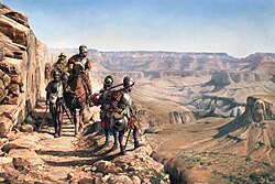 La conquista del Colorado, by Augusto Ferrer-Dalmau, depicts Francisco Vázquez de Coronado's 1540–1542 expedition. García López de Cárdenas can be seen overlooking the Grand Canyon.