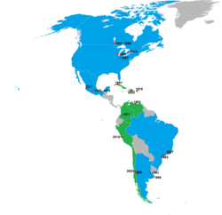 Map of Pan American Games locations (host cities in red dots). Countries that have hosted one Pan Am Games are shaded green, while countries that have hosted two or more are shaded blue.