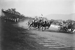 A chariot race during the 1908 or 1911 Tournament of Roses, later replaced by the Rose Bowl