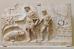 Roman bas-relief, 2nd century: Aeneas lands in Latium, leading Ascanius; the sow identifies the place to found his city (book 8).