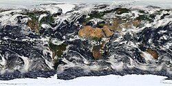 Satellite image based largely on observations from NASA's Moderate Resolution Imaging Spectroradiometer (MODIS) on July 11, 2005, of Earth's cloud cover.