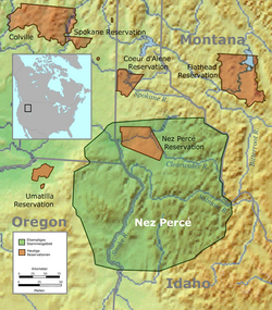 Original Nez Perce territory (green) and the reduced reservation of 1863 (brown)