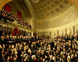 Garfield (second from right in the row of commissioners just below the gallery) served on the Electoral Commission that decided the disputed 1876 presidential election. Painting by Cornelia Adele Strong Fassett.