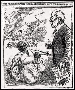 1917 political cartoon on the massacre. The caption reads, "Mr. President, why not make America safe for democracy?", referring to President Woodrow Wilson's catchphrase "The world must be made safe for democracy".