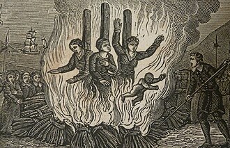 The burning of the Guernsey Martyrs during the Marian persecutions in 1556