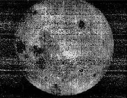 The 7 October 1959 image by Luna 3, which revealed for the first time the far side of the Moon. Clearly visible is Mare Moscoviense (top right) and a mare triplet of Mare Crisium, Mare Marginis and Mare Smythii (left center).