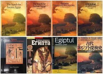 International editions of the first title À la recherche de l'Égypte oubliée. From left to right, first row: American, British, German and Taiwanese editions; second row: Hispanic American, Russian, Romanian and Japanese editions. Editions in the first row sharing identical cover artwork with Gallimard, whereas those in the second row being redesigned.
