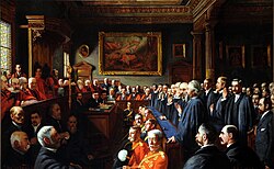 The 1893 painting of the Assize d'Heritage, a biannual convening of the Royal Court of Jersey, where the major Seigneurs answer for their fiefs, which they hold directly from the Crown. The painting was purchased by Julia Westaway and donated to the Royal Court, where it still hangs today.