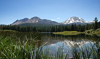 The Chaos Crags and Lassen Peak, as seen from Manzanita Lake