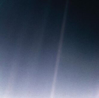 Pale Blue Dot: Earth is a bright pixel when photographed from Voyager 1, 6 billion kilometres (3.7 billion miles) away.[80] Sagan encouraged NASA to generate this image. from Pale Blue Dot (1994)[81] On it, everyone you ever heard of... The aggregate of all our joys and sufferings, thousands of confident religions, ideologies and economic doctrines, every hunter and forager, every hero and coward, every creator and destroyer of civilizations, every king and peasant, every young couple in love, every hopeful child, every mother and father, every inventor and explorer, every teacher of morals, every corrupt politician, every superstar, every supreme leader, every saint and sinner in the history of our species, lived there on a mote of dust, suspended in a sunbeam. ... Think of the rivers of blood spilled by all those generals and emperors so that in glory and triumph they could become the momentary masters of a fraction of a dot. — Carl Sagan, Cornell lecture in 1994