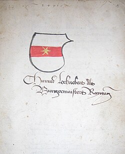 The town's coat of arms as depicted in 1471 by the mayor Konrad Lerhueber