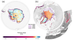 On average, climate change has lowered the thickness of land ice with every year, and reduced the extent of sea ice cover.[150]