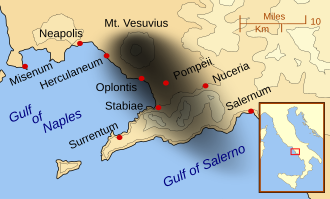 Pompeii and other cities affected by the eruption of Mount Vesuvius. The black cloud represents the general distribution of ash and cinder. Modern coast lines are shown.