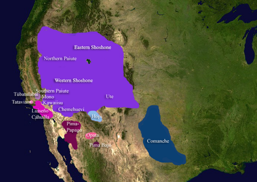 Distribution of Uto-Aztecan languages in present-day Western United States at the time of first European contact