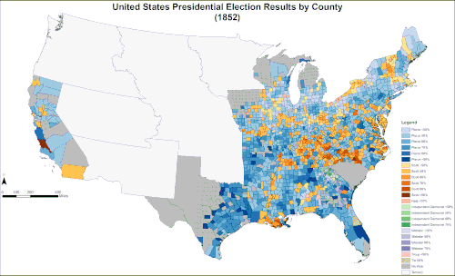 Results by county explicitly indicating the percentage of the winning candidate in each county. Shades of blue are for Pierce (Democratic), shades of yellow are for Scott (Whig), shades of red are for Hale (Free Soil), shades of orange are for Webster (Union), shades of green are for (Independent Democrats), and shades of purple are for Troup (Southern Rights).