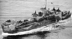 The large infantry landing craft USS LCI(L)-551 in May 1945, flying her colors at half-mast in honor of the recently deceased President Franklin D. Roosevelt. Transferred to the Soviet Navy at Cold Bay, on 29 July 1945, she became DS-48 and took part in the Soviet invasion of the Kuril Islands. The Soviet Union returned her to the United States in 1955.[14]