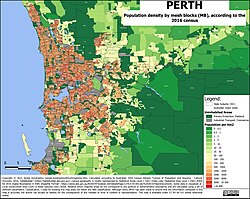 Perth population density by mesh blocks (MB), according to the 2016 census