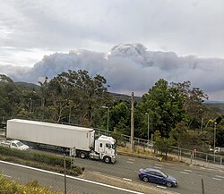 Gospers Mountain fire taken from a Blue Mountains line train in December 2019