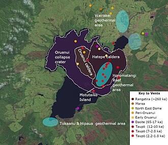 Recent vents and caldera structures Taupō Volcano. Present active geothermal systems are in light blue. A key to the vents is in the diagram