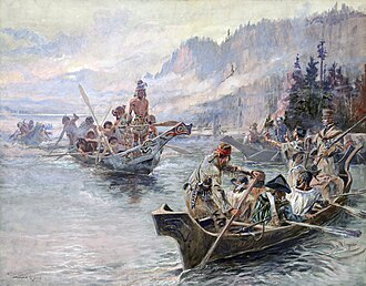 Lewis and Clark on the Lower Columbia by Charles Marion Russell. A painting of the Expedition depicting Sacagawea with arms outstretched