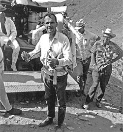 Eugene Shoemaker wearing a Bell Rocket Belt while training astronauts.