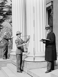 The Heritage Documentation Programs team measures the Kentucky School for the Blind in Louisville, Kentucky, in 1934.