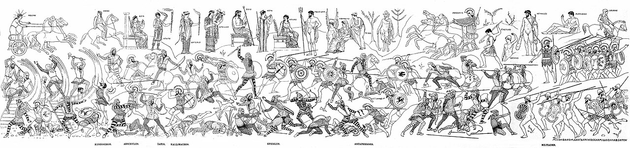 Reconstruction of the painting of the Battle of Marathon in the Stoa Poikile, after Carl Robert, Hallisches Winckelmannsprogramm (1895).