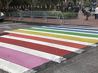 Rainbow striped crosswalk at the corner of 7th Ave. and Christopher St.