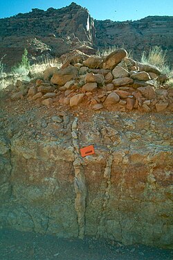Clastic dike (left of notebook) in the Chinle Formation in Canyonlands National Park, Utah