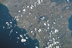Orbital view of the Mornington Peninsula around the Devilbend Reserve (just right of the center) taken during ISS Expedition 16.
