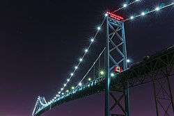 Ambassador Bridge at night, in 2014