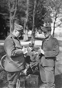 Dispatching of a message by carrier pigeon within the Swiss Army during World War I