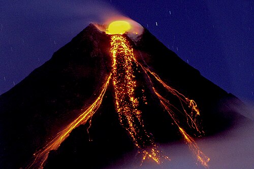 Volcanic eruptions of lava are major sources of igneous rocks. (Mayon volcano in the Philippines, erupting in 2009)