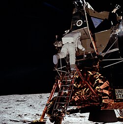 Hafnium-containing rocket nozzle of the Apollo Lunar Module in the lower right corner