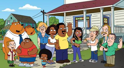 The principal supporting characters of The Cleveland Show (2009–2013). Left to right: Ernie Krinklesac, Tim the Bear, Cleveland Jr., Arianna the Bear, Terry Kimple, Rallo Tubbs, Donna Tubbs-Brown, Cleveland Brown, Roberta Tubbs, Federline Jones, Lester Krinklesac, and Holt Richter.