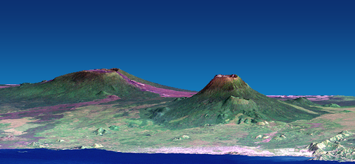 Nyamuragira (left) and Nyiragongo (right). Vertical scale exaggerated (1.5×).