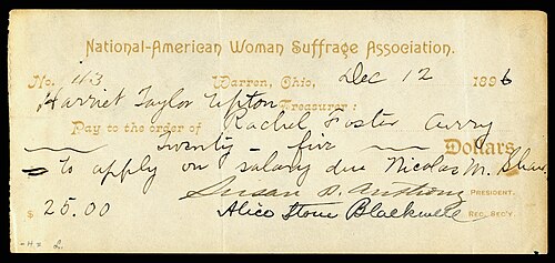 Susan B. Anthony and Alice Stone Blackwell signed NAWSA check, written by the group's treasurer Harriet Taylor Upton, payable to Rachel Foster Avery