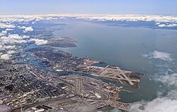 Aerial view with Port of Oakland and the bay