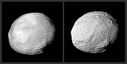 SPHERE image is shown on the left, with a synthetic view derived from Dawn images shown on the right for comparison.[49]
