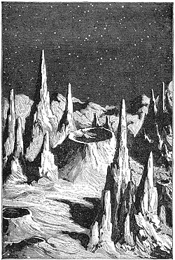 "Lunar Day," from the book Recreations in Astronomy by H. D. Warren D. D., 1879. Later study showed that the surface features are much more rounded due to a long history of impacts.