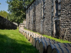 Barrels of bourbon outside the Woodford Reserve Distillery