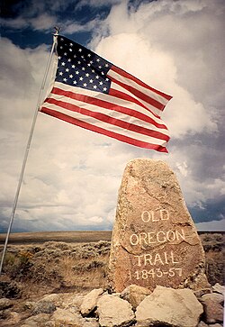 Oregon Trail pioneer Ezra Meeker erected this boulder near Pacific Springs on Wyoming's South Pass in 1906.[47]