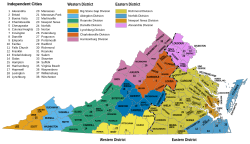 Map of the United States District Courts in Virginia, showing the boundaries of the Eastern and Western Districts, and their divisions.