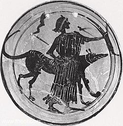 A goddess, probably Hecate (possibly Artemis), is depicted with a bow, dog and twin torches.