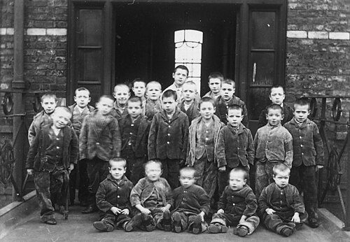 A group of indigent (poor) boys at Crumpsall Workhouse in Manchester, 1895–97