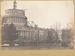 The U.S. Capitol dome was under construction during Lincoln's first inauguration on March 4, 1861, five weeks before the start of the American Civil War.